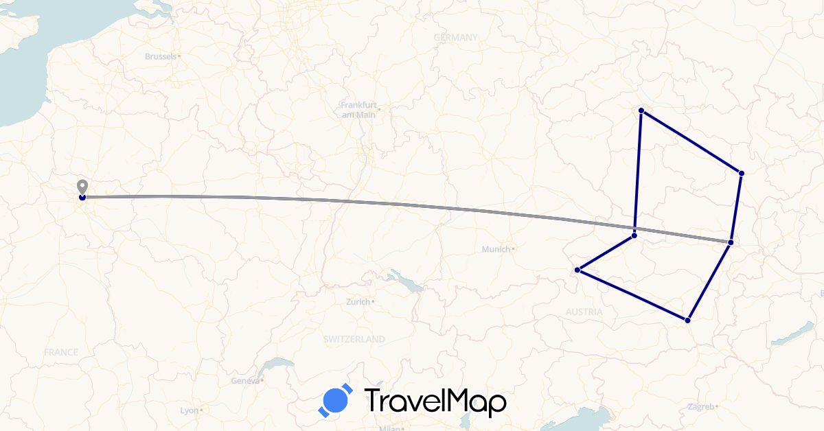 TravelMap itinerary: driving, plane in Austria, Czech Republic, France (Europe)